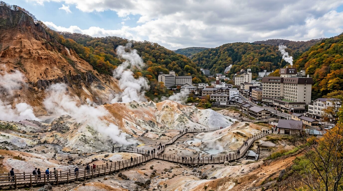 People walking on wooden paths through a steaming volcanic valley with buildings and forested hills in the background
