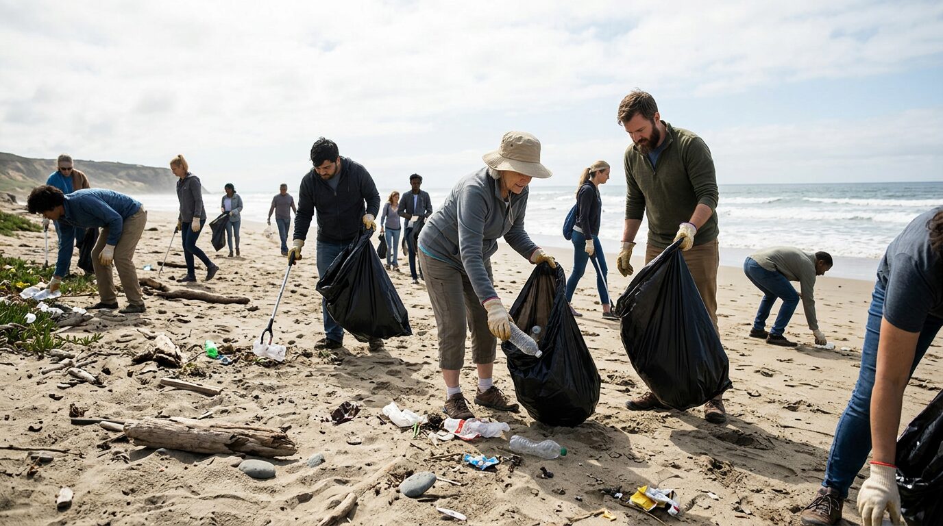 Group of people picking up litter on a sandy beach with trash bags