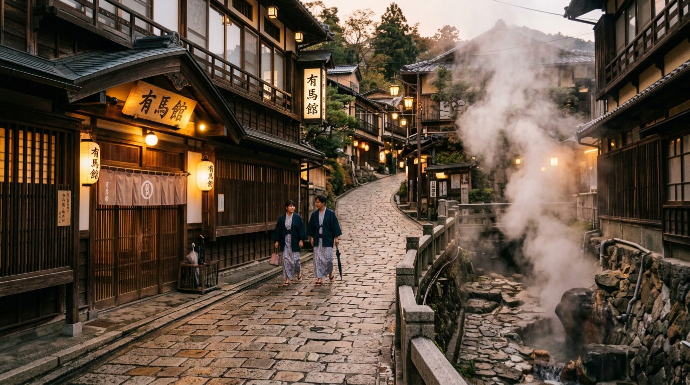 Traditional Japanese street with steaming hot spring and two people in yukata walking